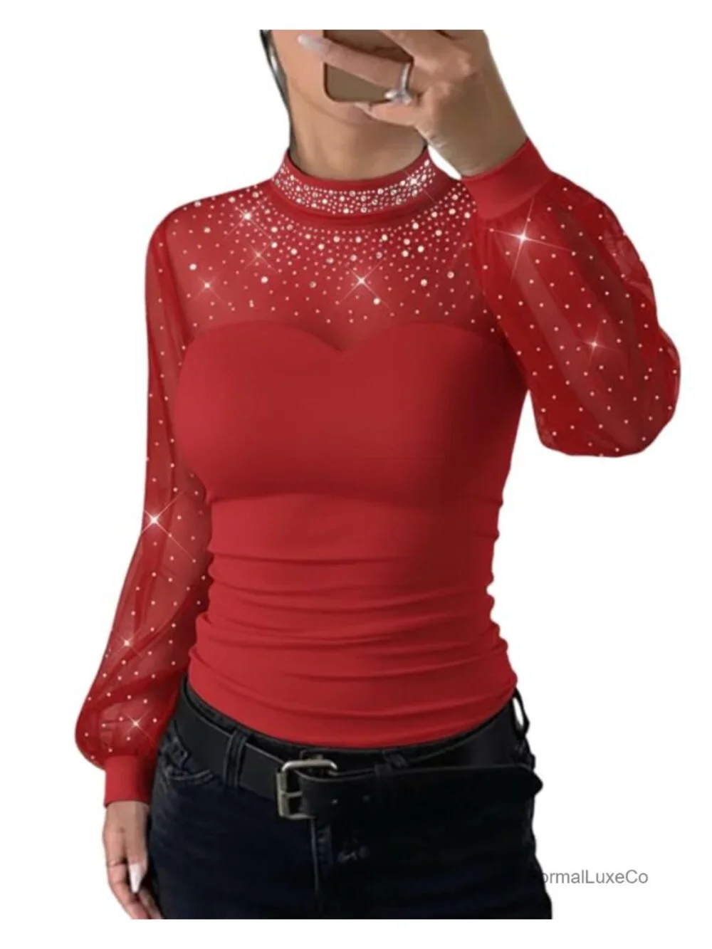 Rhinestone Mock Neck Lantern Long Sleeve Sheer Mesh Top Hollow-Out Back Slim